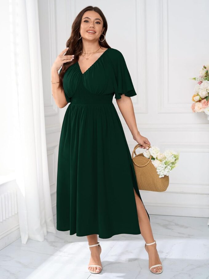 Womens Plus Size Formal Dress V Neck Flutter Short Sleeve Split A Line Boho Maxi Dresses for Wedding Guest – Bild 5