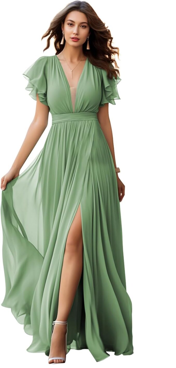 V Neck Chiffon Bridesmaid Dress with Slit Flutter Sleeve Chiffon Pleated Formal Prom Dresses for Women