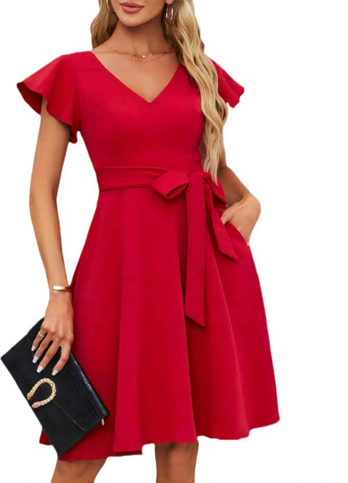 StarAneer Elegantes A-Linien-Kleid für Damen, Rüschenärmel, lässig, Cocktail-Partykleid mit Taschen