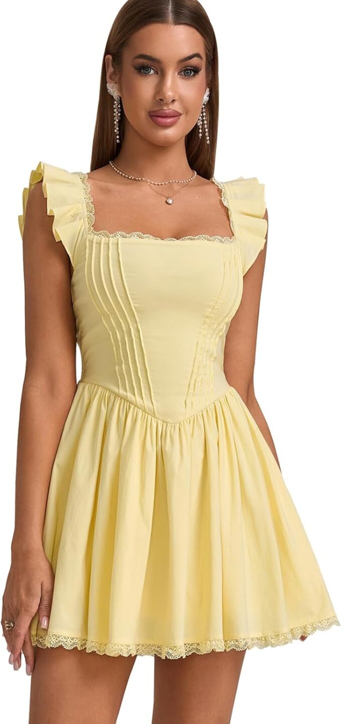 GLNEGE Women's Graduation Summer Mini Corset Dress Square Neck Short Ruffle Sleeve A Line Cute Trendy Party Dresses 2025
