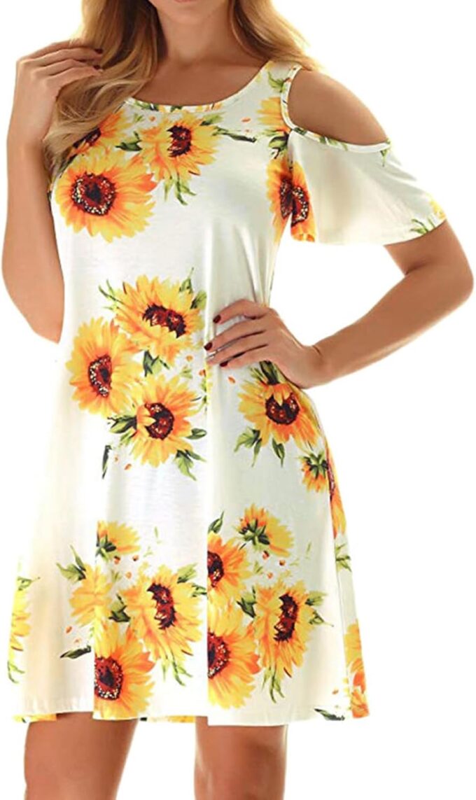 Misyula Style Womens Summer Cold Shoulder Floral Flowy T-Shirt Dress with Pockets