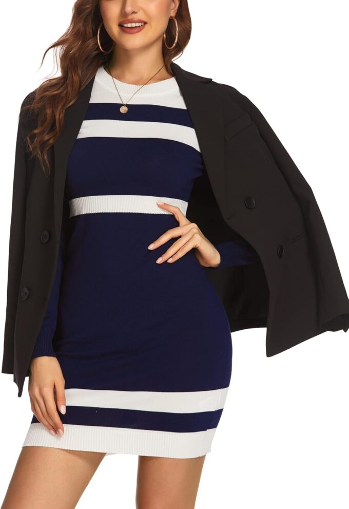 Beyove Damen colorblock gestreifte langarm baumwolle strickpullover, figurbetontes kleid – Bild 4