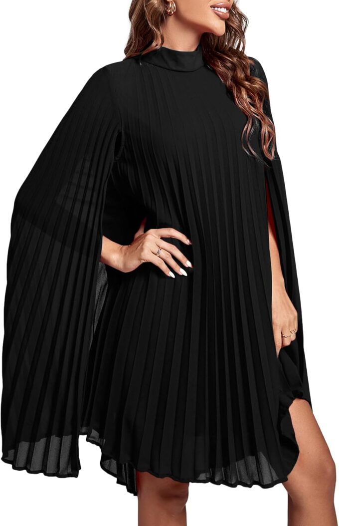 Rooscier Women's Mock Neck Cloak Sleeve Pleated Keyhole Back Flowy Party Midi Dress – Bild 4