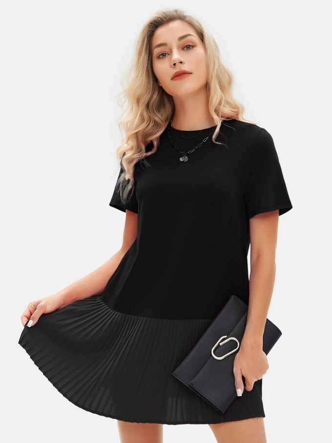 EXLURA Womens Summer Casual Short Sleeve Dress Crewneck Tshirt Dresses Pleated Aline Mini Dress 2025 Vacation Beach Sundress – Bild 2