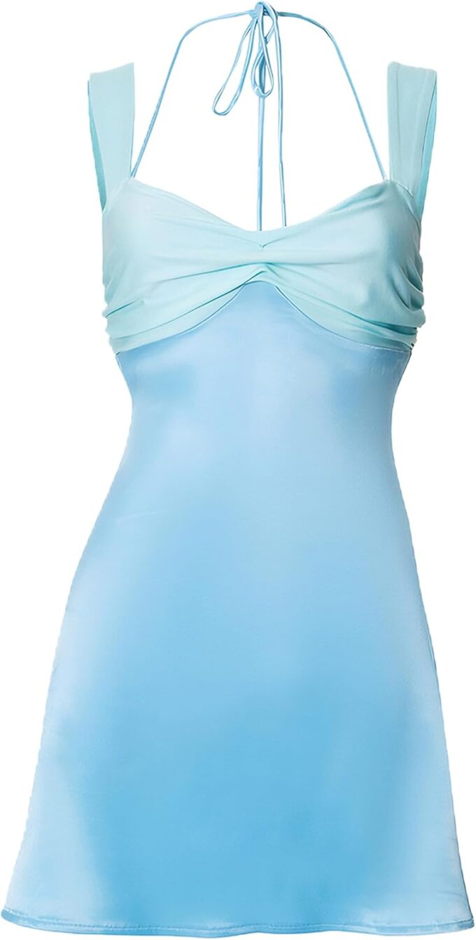 ISZPLUSH Women’s Mini Dress Patchwork Sleeveless Strapless Lace Up High Waist A-line Elegant Party Clubwear Short Dress – Bild 5