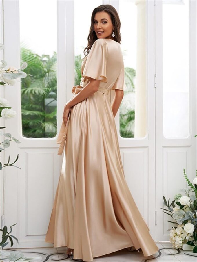 YMSHA Pleated V Neck Satin Bridesmaid Dresses with Sleeves Side Slit Formal Party Dress YMS170 – Bild 2