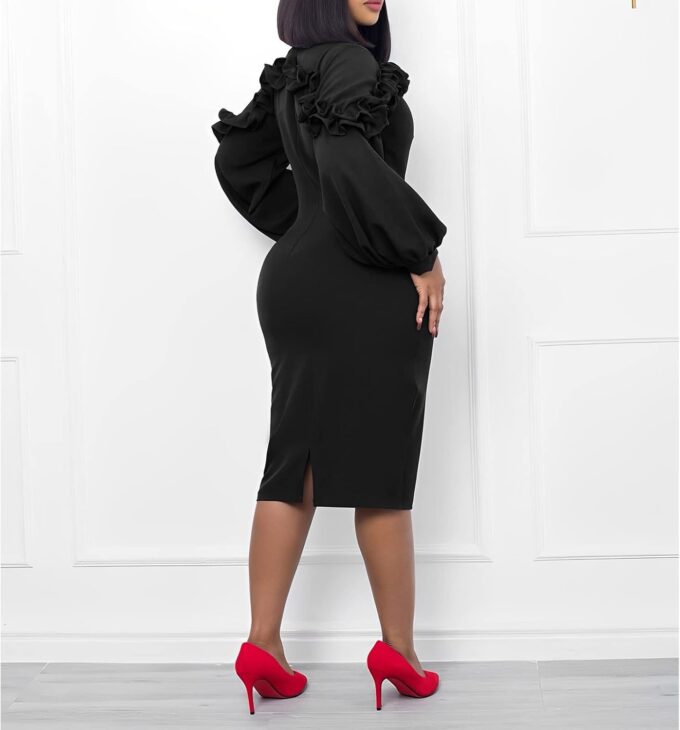 Damen Laternenärmel Vintage Rüschen Bodycon Business Formal Arbeit Bleistiftkleid – Bild 4