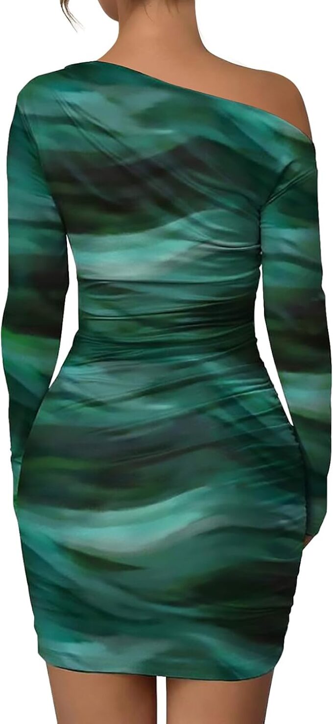 Women's Long Sleeve Bodycon Mini Dress Tie Dye Print Slim Fit Asymmetrical Neck Elegant Formal Ruched Short Dresses – Bild 5
