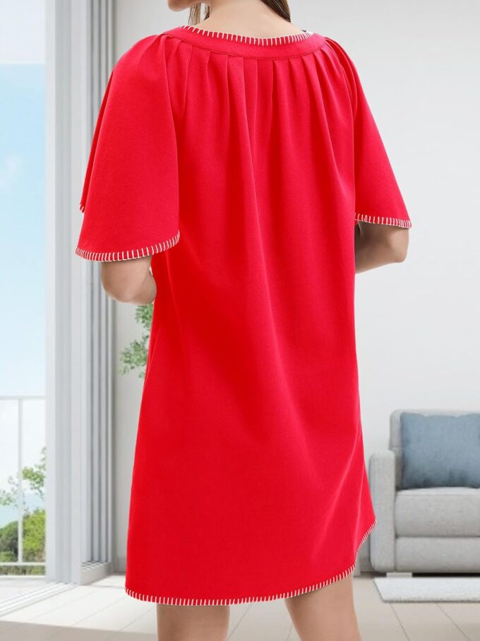 HOULENGS Women's Summer Ruffle Short Sleeve A Line Mini Dress Casual Contrast Trim V Neck Short Dress with Pockets – Bild 2