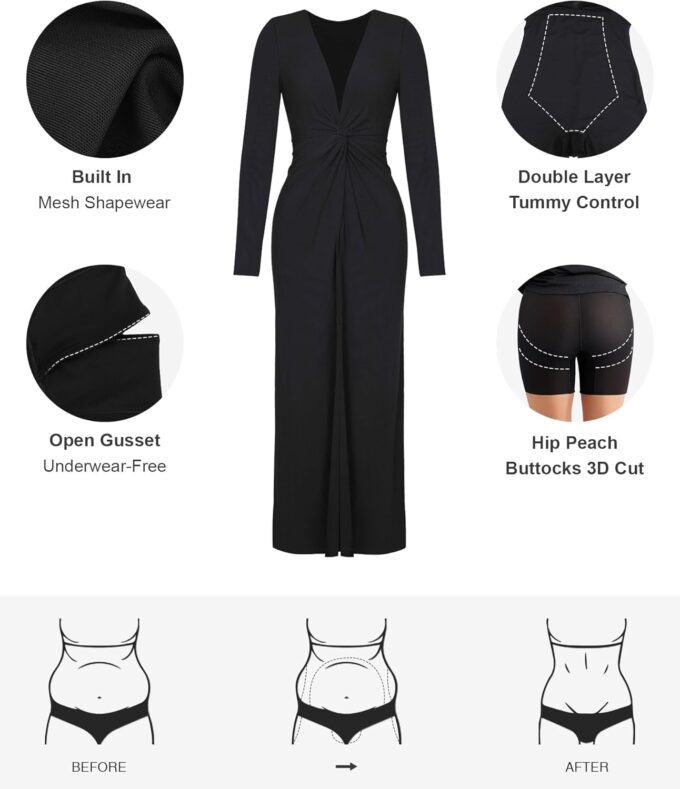 Popilush Long Sleeve Formal Dresses for Women 8 In 1 Bodycon Dress with Built In Shapewear Wedding Guest Dress 2024 – Bild 4