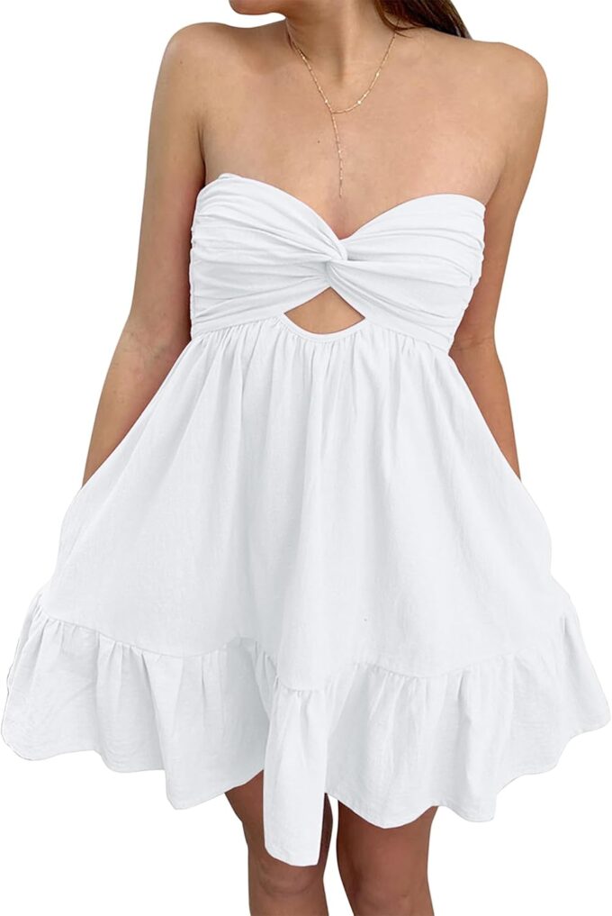 Women Twist Knot Tube Dress Solid Strapless Mini Babydoll Sunress Backless Flowy Ruffled A Line Bandeau Dresses