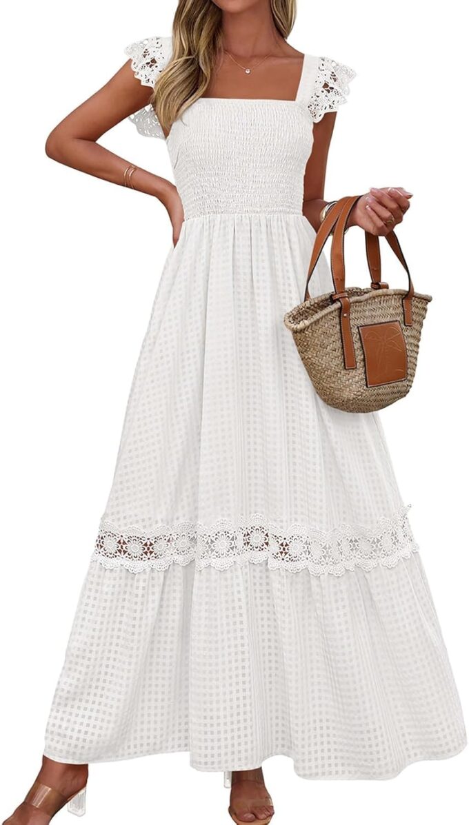 PRETTYGARDEN Women's Smocked Summer Maxi Dresses 2025 Ruffle Cap Sleeve Square Neck Lace Detail Flowy Sundress with Pockets