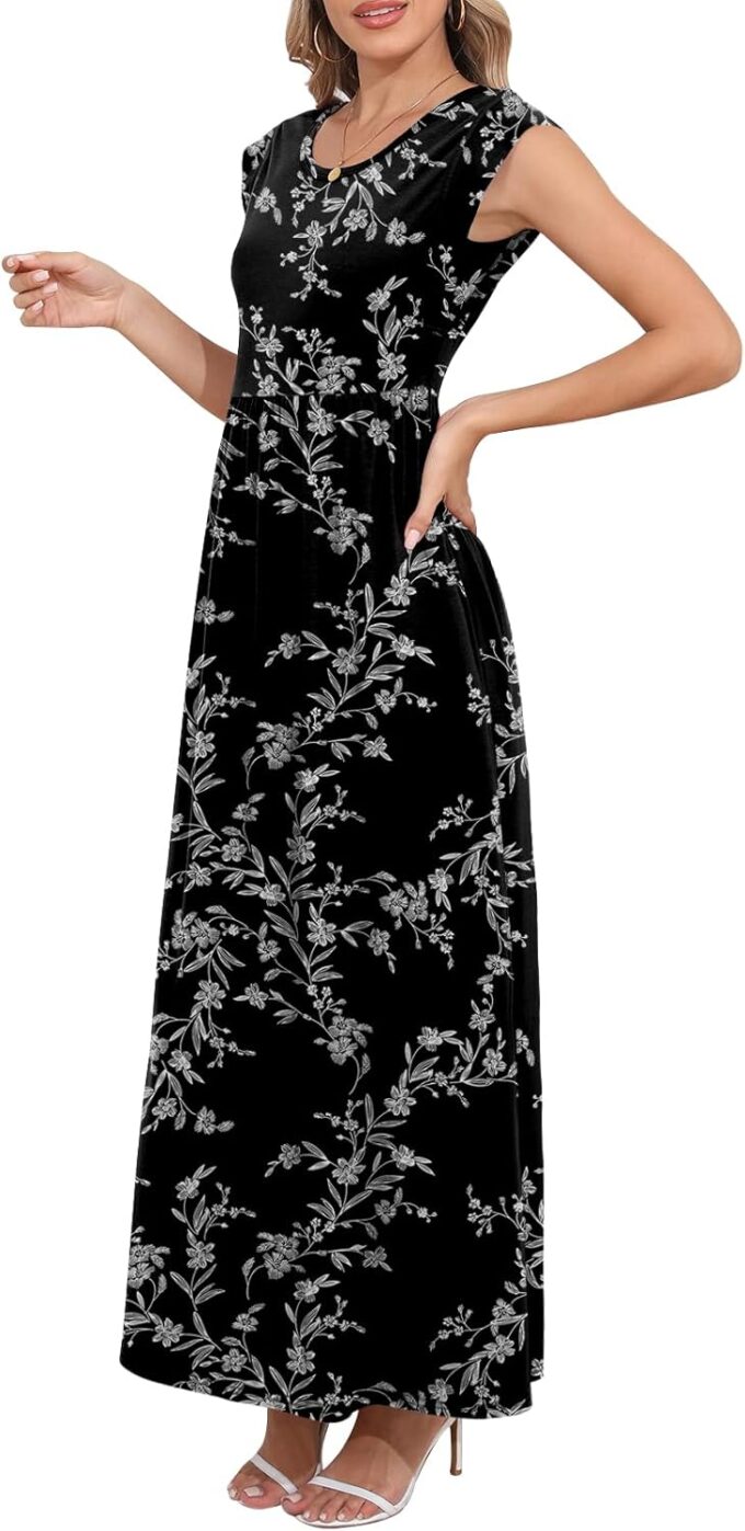 DB MOON Womens 2025 Maxi Dresses Empire Waist Long Summer Dress Casual Cap Short Sleeve Sundress with Pockets – Bild 2