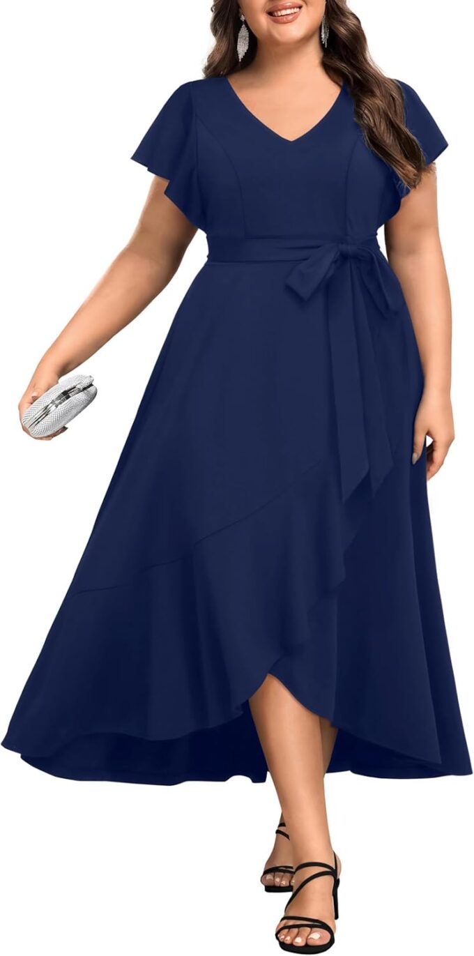 Women Plus Size Wedding Guest Dress - Formal Cocktail Split Ruffle V Neck High Low Party Long Maxi Dresses 2025