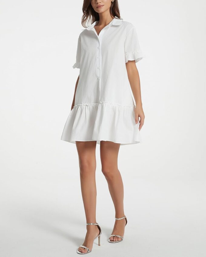 Women's Cotton Linen Ruffle Mini Dress Short Sleeve Button Down Drop Waist Tunic Shirt Dress – Bild 5
