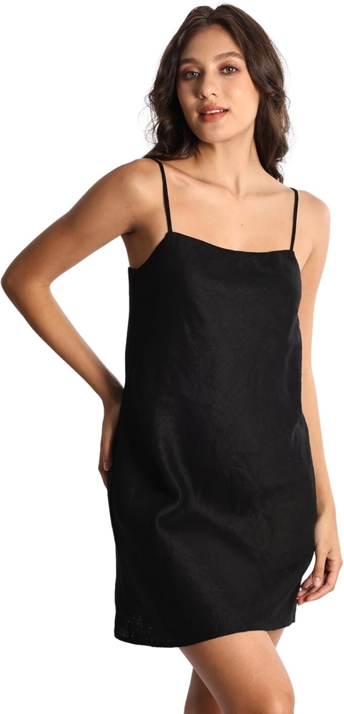 Women's Pure Linen Summer Sleeveless Spaghetti Strap Mini Dress with Lining – Bild 4