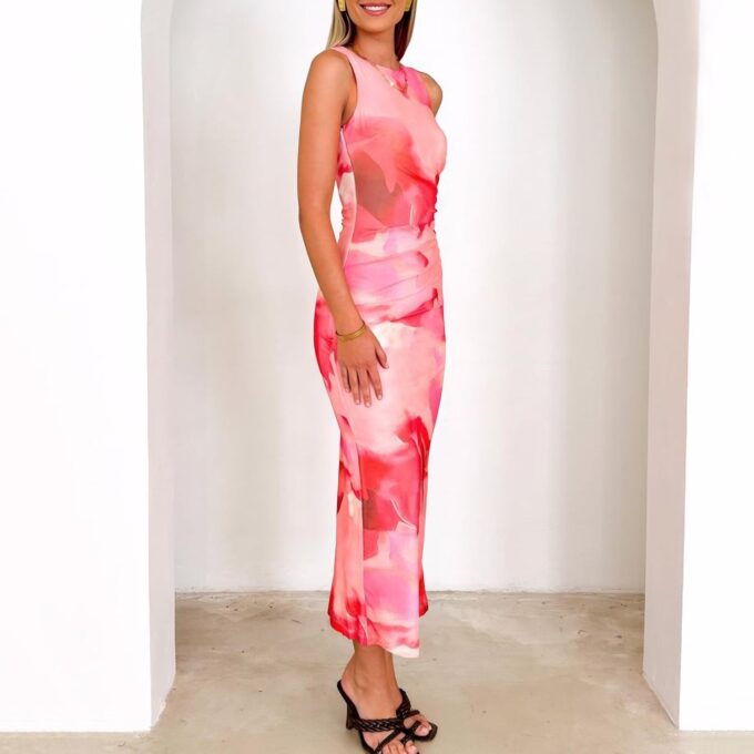 Bodycon Mesh Dresses for Women Sleeveless Midi Floral Tie Dye Dress Side Slit Wedding Cocktail Party Dresses – Bild 2