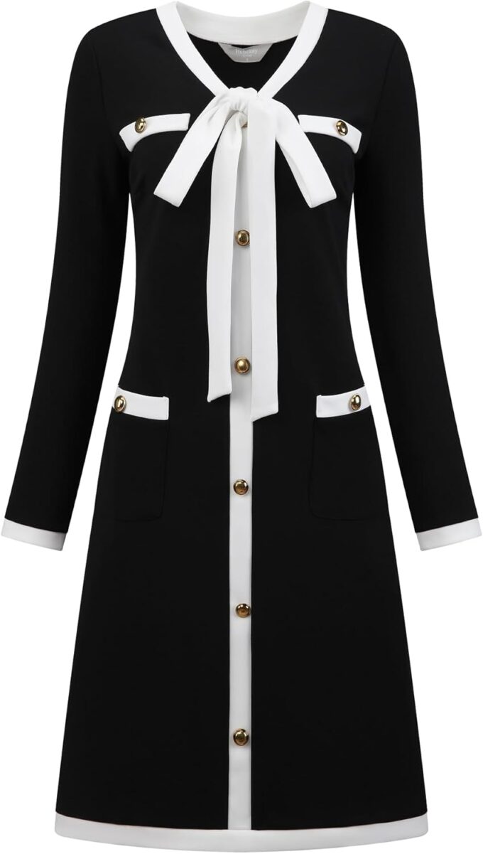 Hobemty Elegantes A-Linien-Kleid für Damen, Kontrastfarbe, V-Ausschnitt, lange Ärmel, trendige Arbeitskleider
