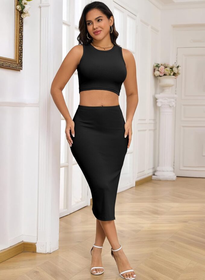 HUUSA 2 Piece Dress for Women Sexy Sleeveless Slim Bodycon Split Midi Dresses Casual Crewneck Tank Tops High Waist Skirt Sets – Bild 7