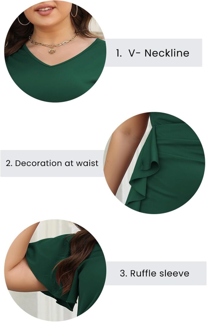Celkuser Figurbetontes Kleid für Damen, Übergröße, für Arbeit, Kirche, Retro, V-Ausschnitt, Rüschenärmel, lässig, Cocktailparty, Bleistiftkleid, Midi-Kleid – Bild 5