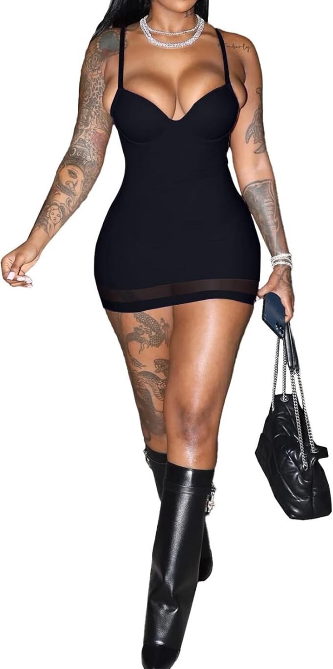 Sexy Bodycon Mini Dress for Women Sweetheart Neck Spaghetti Strap Mesh Hem Party Club Night Out Short Dresses