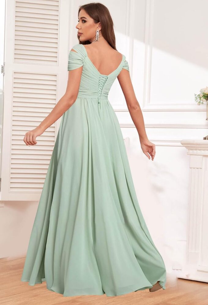 Off The Shoulder Bridesmaid Dresses with Slit Pockets Long Pleated Chiffon Formal Evening Dress for Women – Bild 2