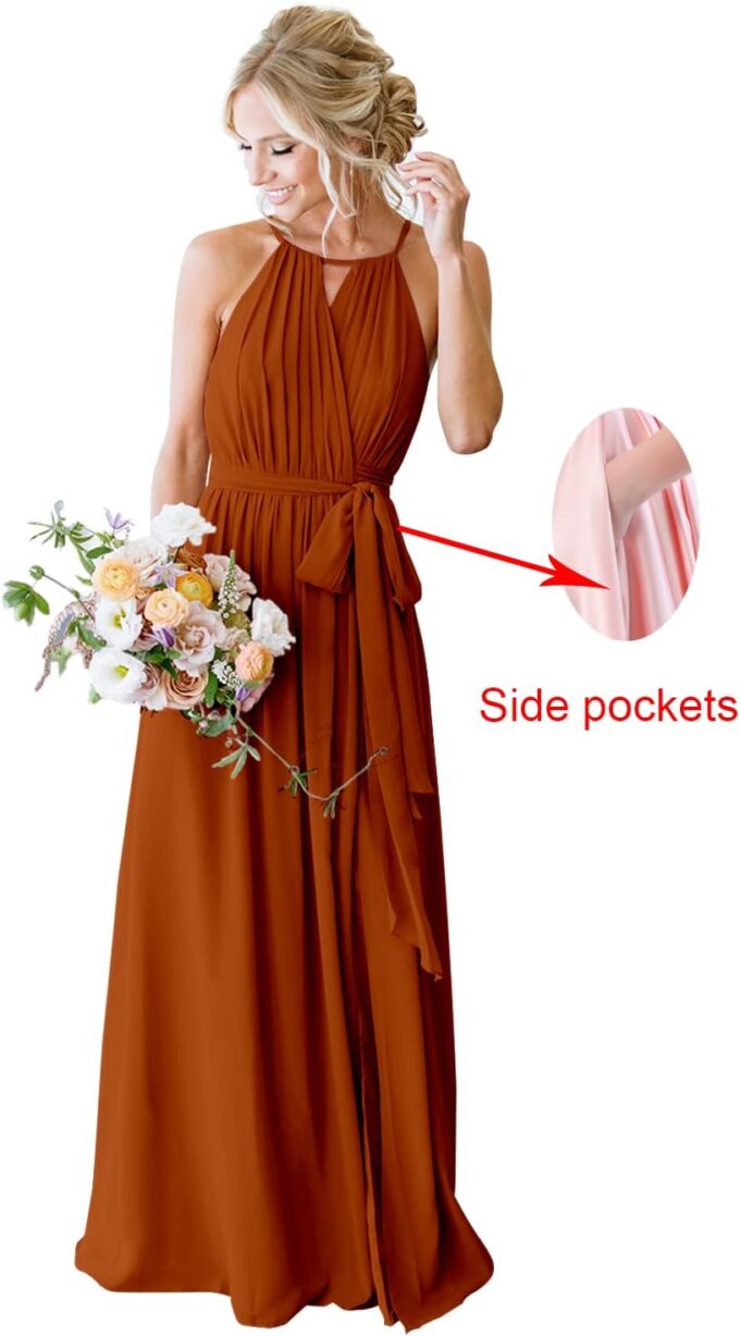 Women's Halter Pleated Chiffon Long Bridesmaid Dresses with Pockets Formal Dresses Evening Party Gown – Bild 4