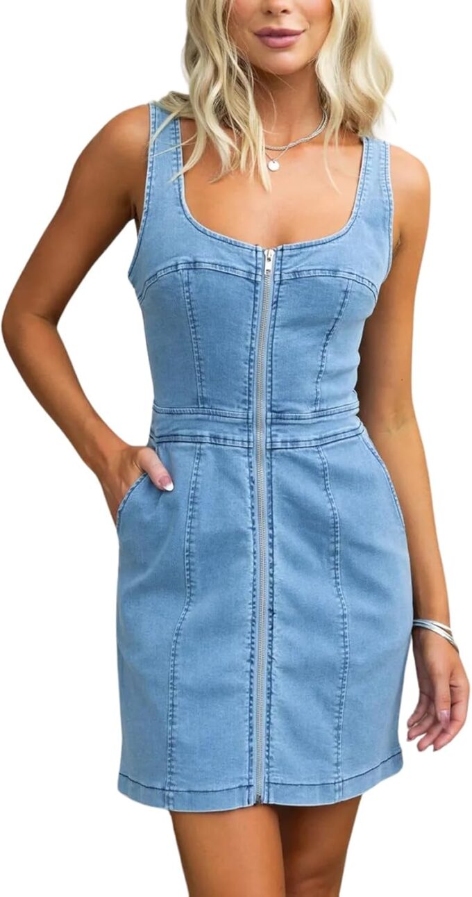 Womens Summer Casual Tank Denim Dress Sleeveless Zipper Front Mini Sexy Jean Dresses with Pockets