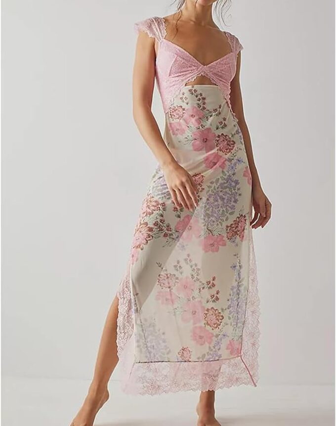 Women Sexy Lace Patchwork Mesh Maxi Dress Floral Print Cutout Sweetheart Neck Backless Slit Summer Y2K Long Dresses – Bild 6