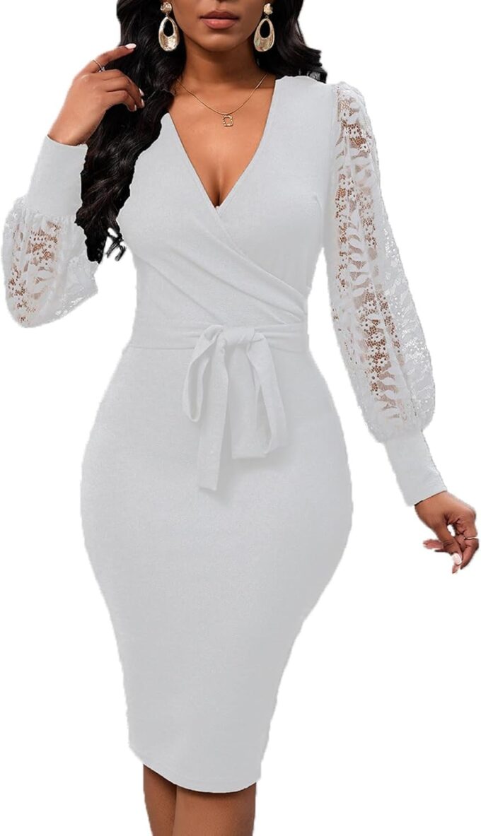 Womens Sexy Wrap V Neck Lantern Lace Long Sleeve Bodycon Midi Dress Semi Formal Cocktail Party Dresses