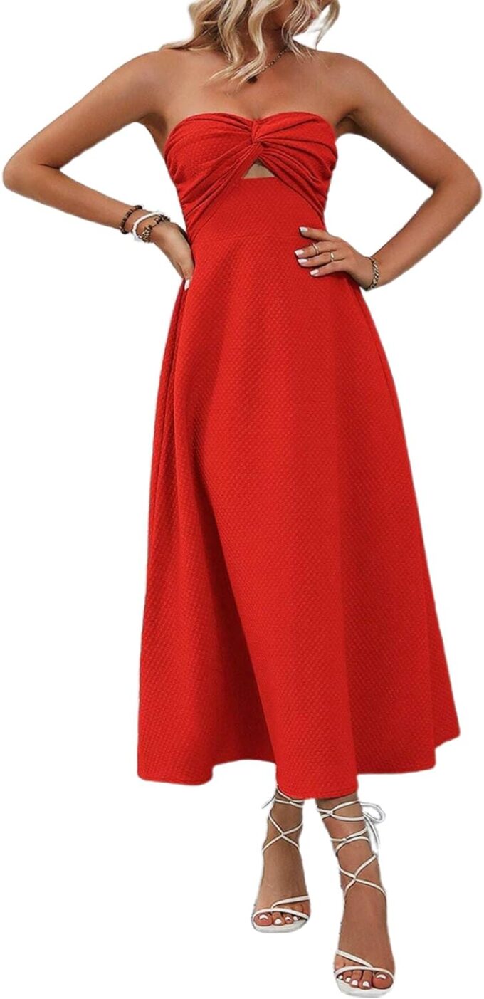 SKAYS Womens Strapless Twist Knot Midi Dress Cutout A-line Tube Summer Cocktail Party Dress with Back Smock