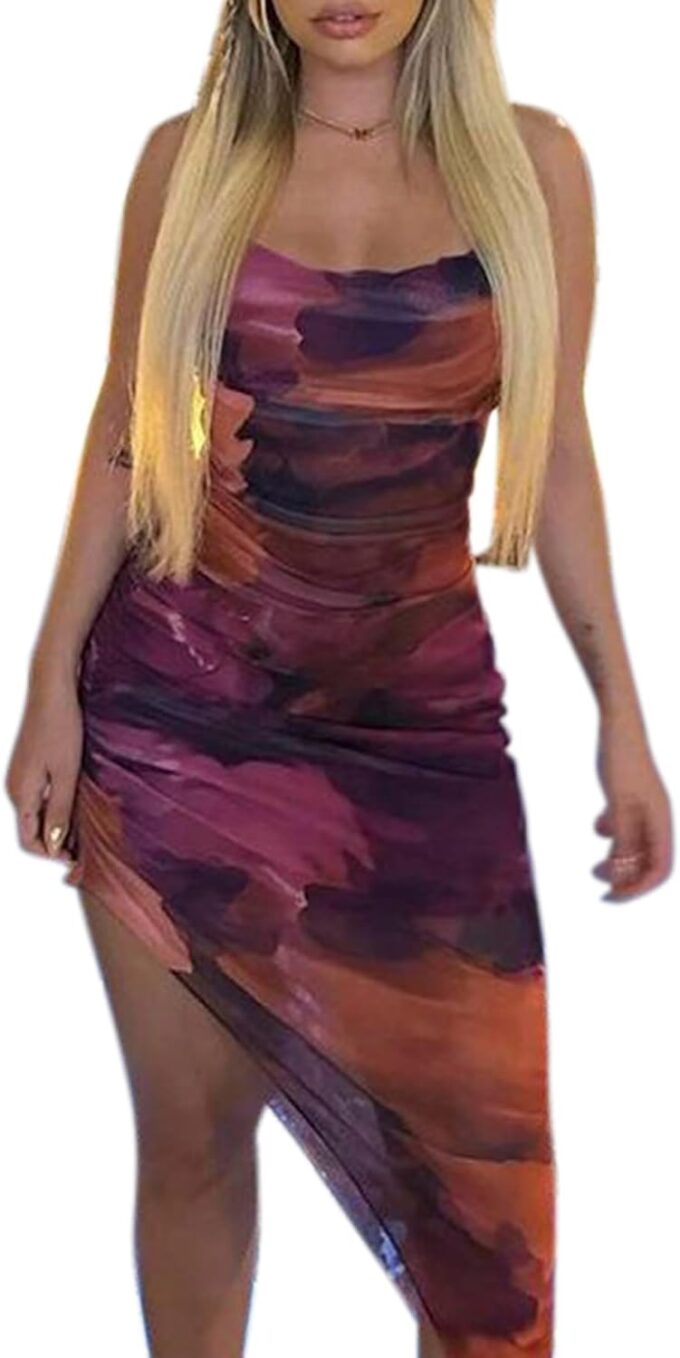 Women's Spaghetti Strap Mesh Dress Backless Ruched Tie Dye Asymmetrical Split Hem Cocktail Evening Party Midi Dress