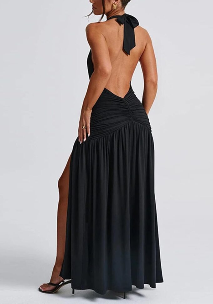 Tcremisa Womens Summer Halter Deep V Neck Maxi Dress Sexy Sleeveless Backless High Slit Long Cocktail Party Dresses – Bild 3