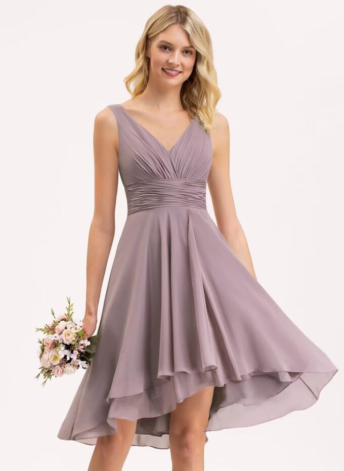 Women’s Double V Neck Short Bridesmaid Dresses 2025 Ruched Chiffon Formal Homecoming Dress for Party RO047 – Bild 3