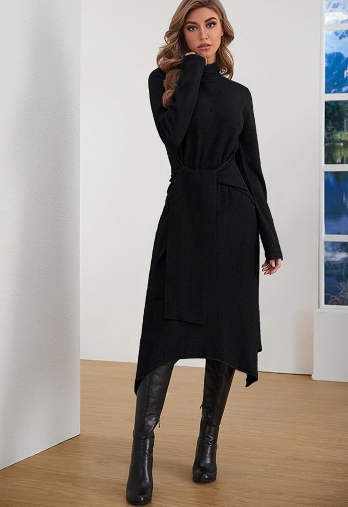 Jayscreate Damen-Pulloverkleid 2023, langärmelig, für Herbst und Winter, Midi-Kleid, zum Binden vorne, hohe Taille, Business-Kleid, Freizeitkleid – Bild 4