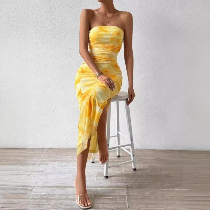 Women's Mesh Floral Strapless Bodycon Maxi Dress Ruched Long Tube Dresses Summe Sexy Party Club Dress Y2K Dresses – Bild 3