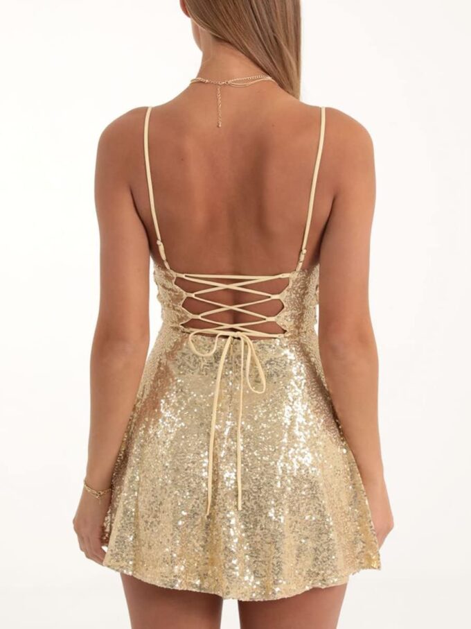 FEORJGP Womens Sparkly Sequin Mini Dress Shiny Spaghetti Strap Short Dress Glitter Disco Slip Dress Cocktail Party Club Dress – Bild 5