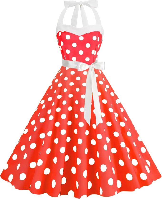 Vintage Dress 1950s for Women, Tea Party Halter Polka Dot Dresses Picnics Summer Vacation Beach Outfits Slim Fit