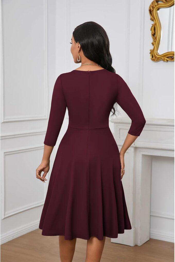 Womens Summer Dress 3/4 Sleeves V Neck 1950s Retro Vintage Wedding Cocktail Party Swing Flowy Wrap Midi Dresses Burgundy L – Bild 6