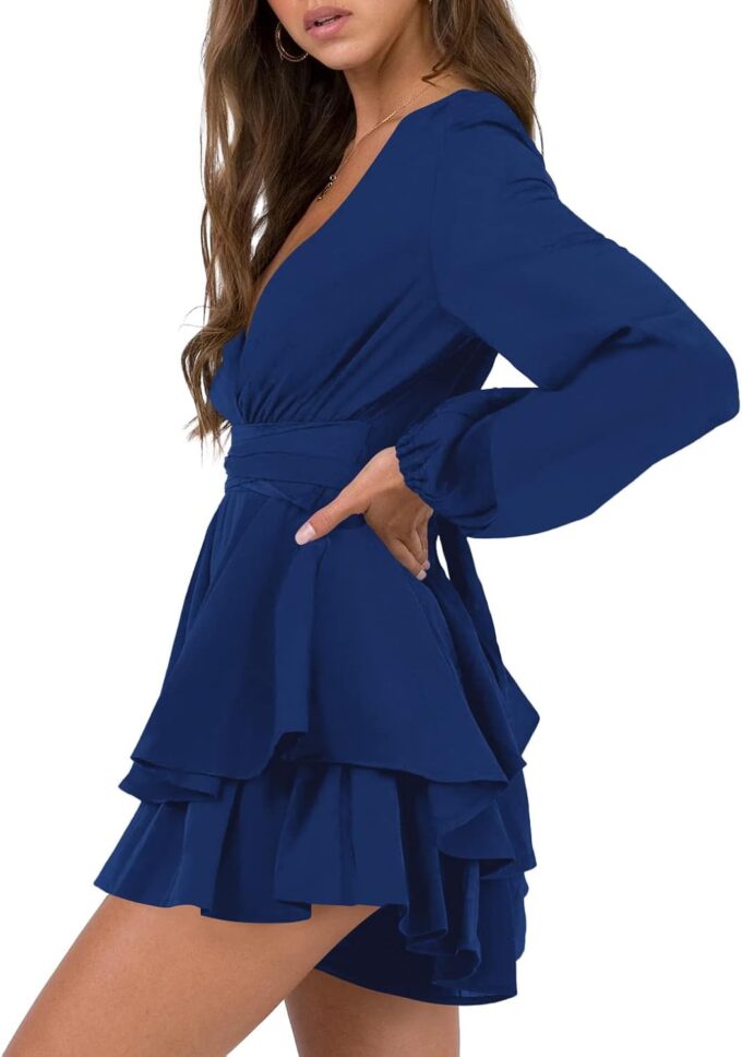 Nova In Sky Womens Sexy V Neck Long Sleeve Tie Waist Ruffle Hem Flowy Swing Mini Short Wrap Dress – Bild 2