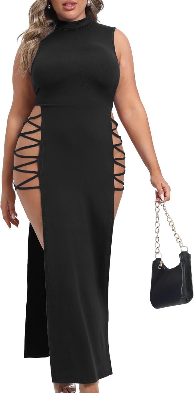 SILUI Women's Mock Neck Sexy Double High Slit Sleeveless Goth Dress 2025 Summer Cut Out Club Party Long Maxi Dresses – Bild 4