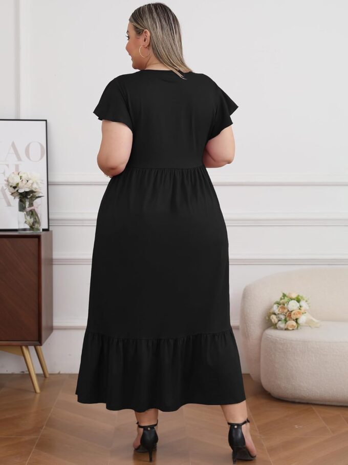 Moon Wood Women's 2025 Plus Size Casual Dress Crew Neck Ruffle Short Sleeve Summer Maxi Dresses with Pockets – Bild 2
