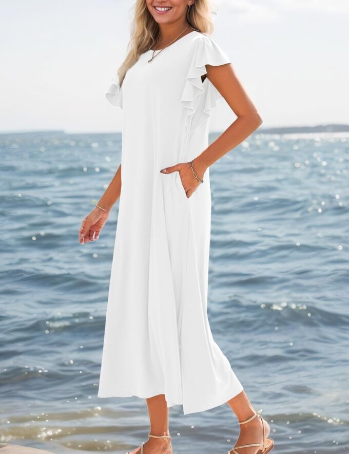 Zilcremo Women Summer Casual Ruffle Sleeve Loose Sundress Round Neck Split Long Maxi Beach Dress with Pockets – Bild 3