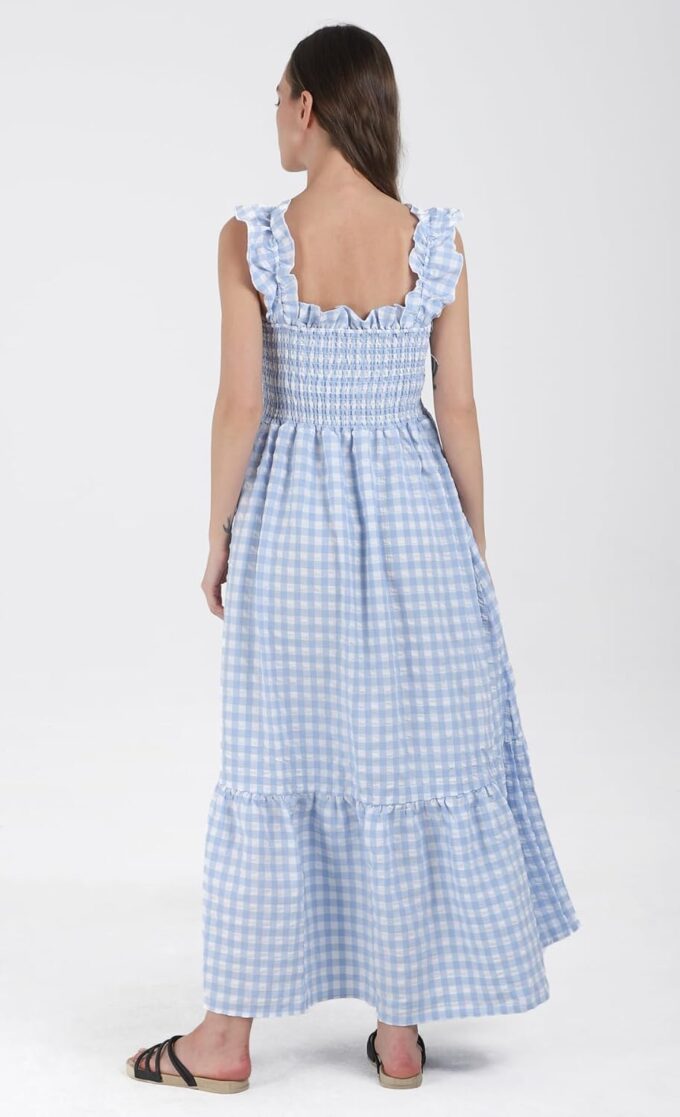 Women's Sleeveless Strap Retro Plaid A-Line Smocked Maxi Long Dress with Ruffled Hem – Bild 4