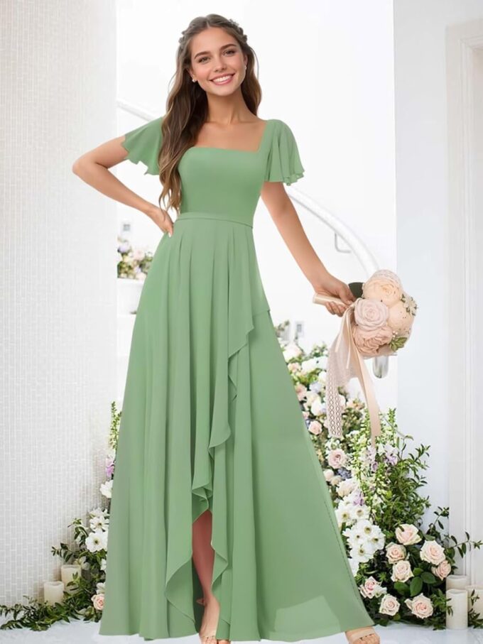 Square Neck Bridesmaid Dresses for Women Chiffon Flutter Sleeves Evening Formal Dress with Slit – Bild 7