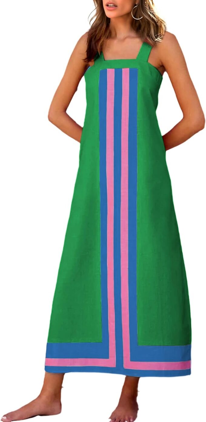 Fiona Jolin Womens Summer Maxi Dress Boho Striped Shoulder Strap Long Sundress Beach Cover Up Dress