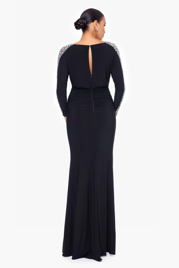 Betsy & Adam Women's Long Embellished Sleeve Ruched Waist Evening Gown with Keyhole Back Detail – Bild 4