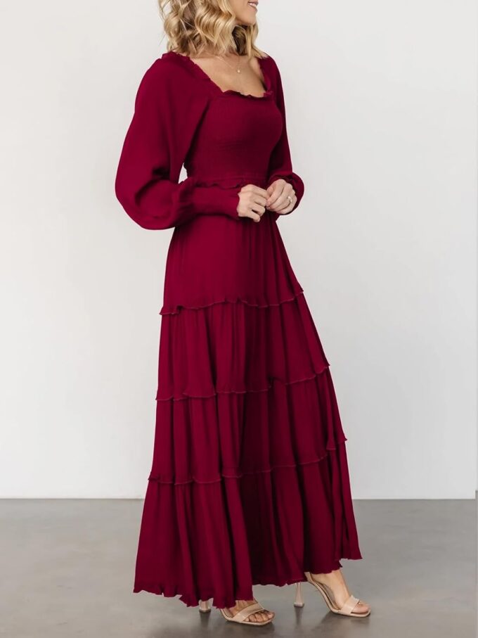 hibshaby Women Elegant Puff Long Sleeve Dress Square Neck Pleated A Line Dress Smocked Empire Waist Swing Flowy Long Dresses – Bild 4