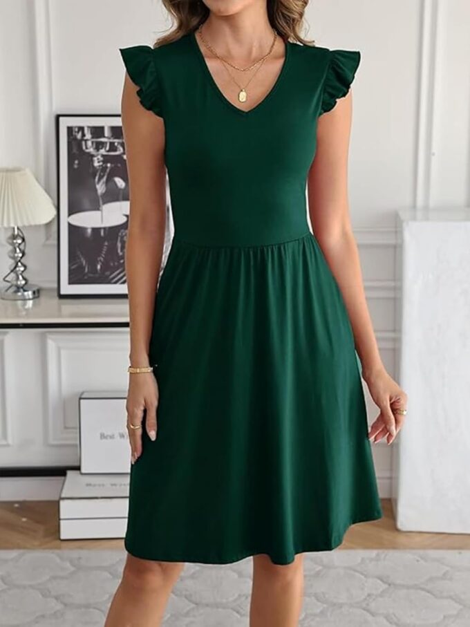 BARASA Damen Sommerkleider V-Ausschnitt Rüschen Ärmellos Sommerkleid A-Linie Knielang Kleid Cocktail Party mit Taschen D648 – Bild 3