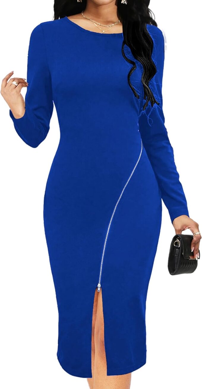 Yiershu Lässiges Damen-Midikleid mit halbem Reißverschluss, Rundhalsausschnitt, lange Ärmel, Pullover
